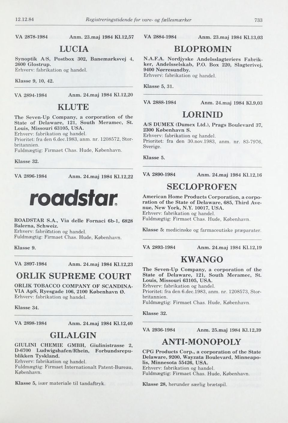 1208572, Storbritannien. Fuldmægtig: Firmaet Chas. Hude, Klasse 32. VA 2896-1984 Anm. 24.maj 1984 Kl.12,22 roadstar ROADSTAR S.A., Via delle Fornaci 6b-l, 6828 Balerna, Schweiz.