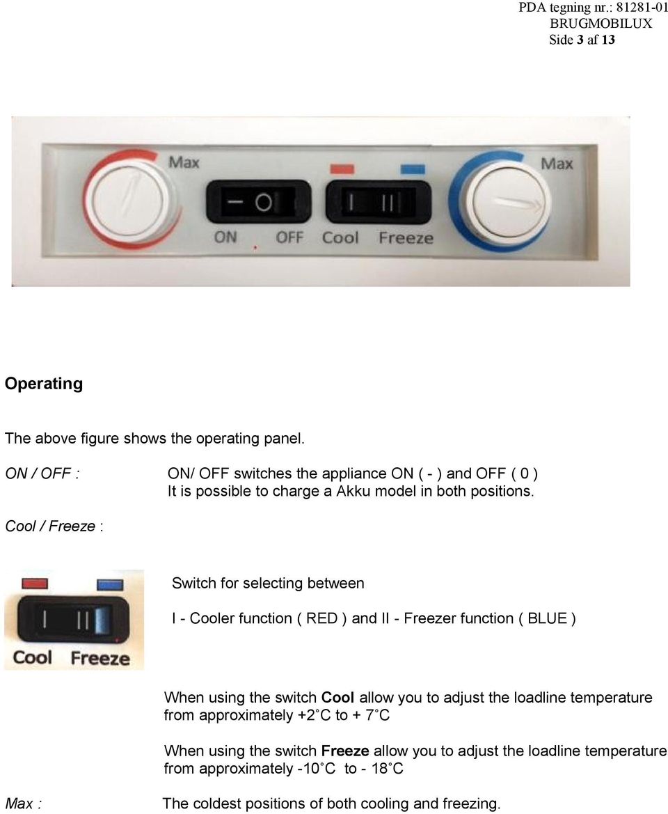 Cool / Freeze : Switch for selecting between I - Cooler function ( RED ) and II - Freezer function ( BLUE ) When using the switch Cool allow