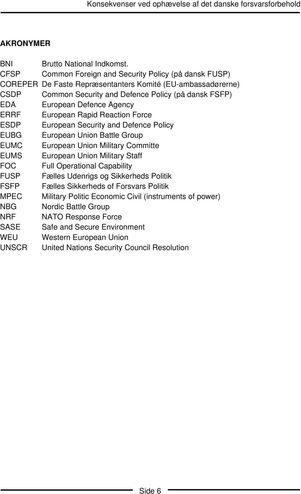 Defence Agency ERRF European Rapid Reaction Force ESDP European Security and Defence Policy EUBG European Union Battle Group EUMC European Union Military Committe EUMS European Union