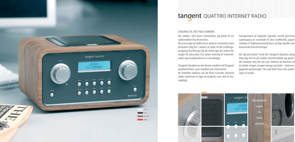 Du lytter nemlig til internetradio og mulighederne er uendelige. Tangent Quattro er det første medlem af Tangent audiofamilien, som trækker på internettet.