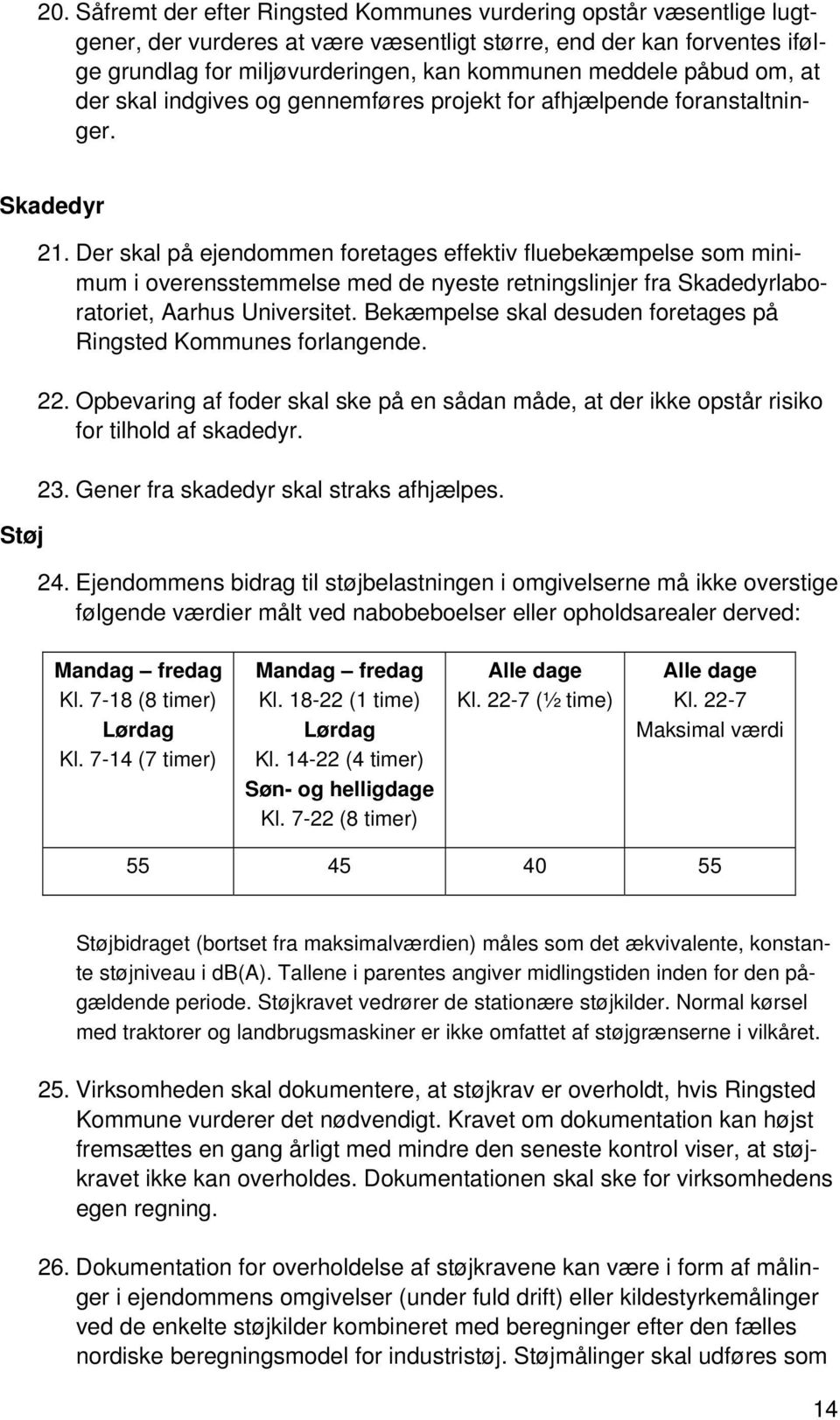 Der skal på ejendommen foretages effektiv fluebekæmpelse som minimum i overensstemmelse med de nyeste retningslinjer fra Skadedyrlaboratoriet, Aarhus Universitet.
