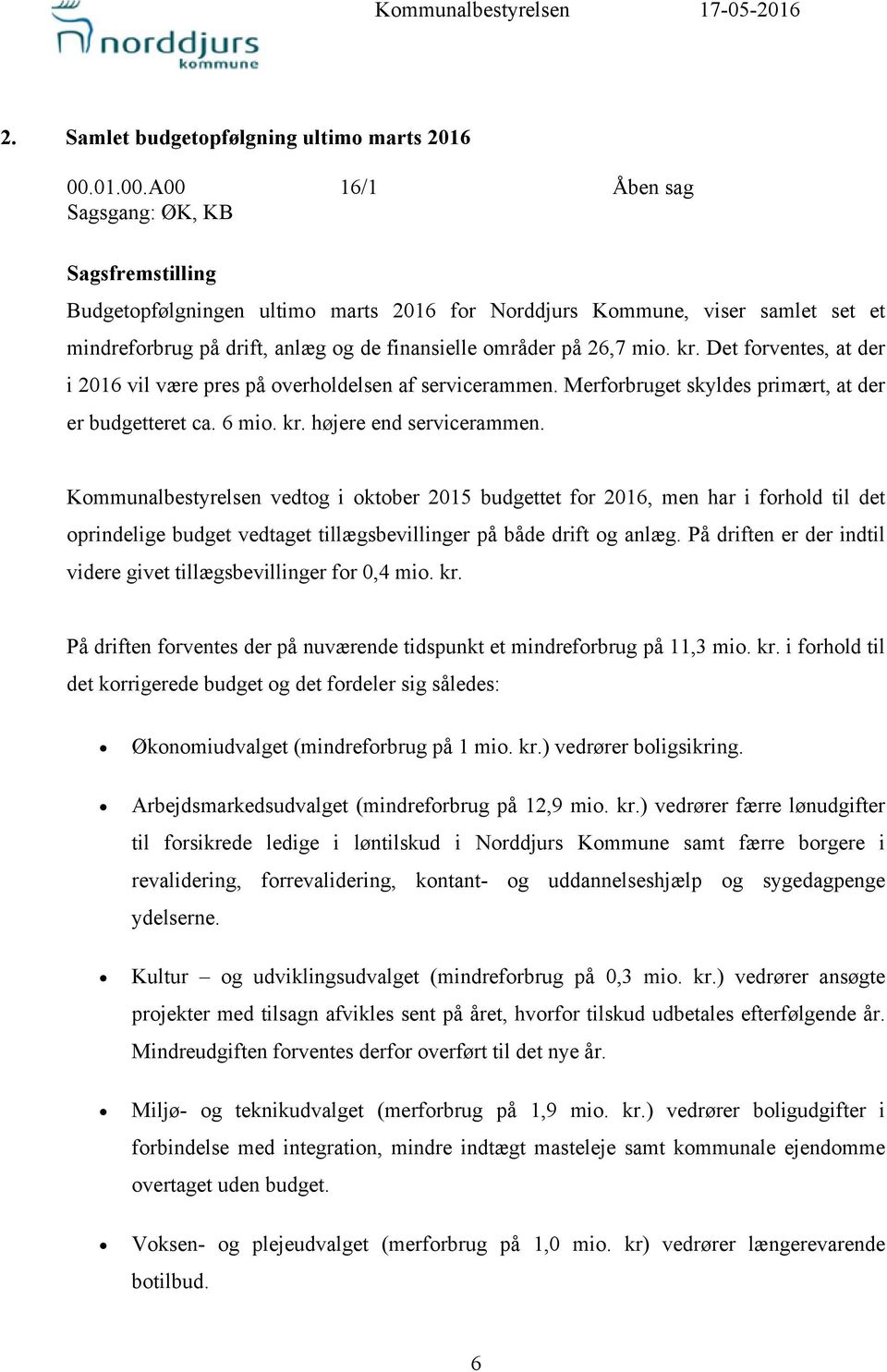 A00 16/1 Åben sag Sagsgang: ØK, KB Sagsfremstilling Budgetopfølgningen ultimo marts 2016 for Norddjurs Kommune, viser samlet set et mindreforbrug på drift, anlæg og de finansielle områder på 26,7 mio.