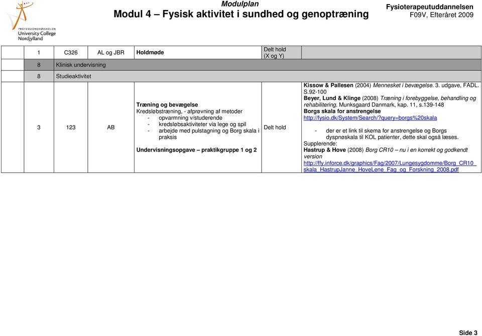 92-100 Beyer, Lund & Klinge (2008) Træning i forebyggelse, behandling og rehabilitering. Munksgaard Danmark, kap. 11, s.139-148 Borgs skala for anstrengelse http://fysio.dk/system/search/?