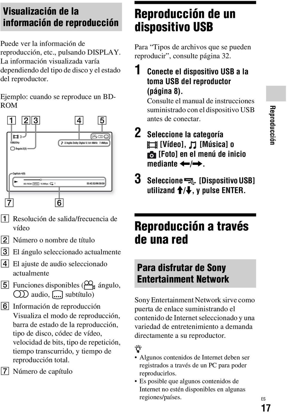 Ejemplo: cuando se reproduce un BD- ROM Reproducción de un dispositivo USB Para Tipos de archivos que se pueden reproducir, consulte página 32.
