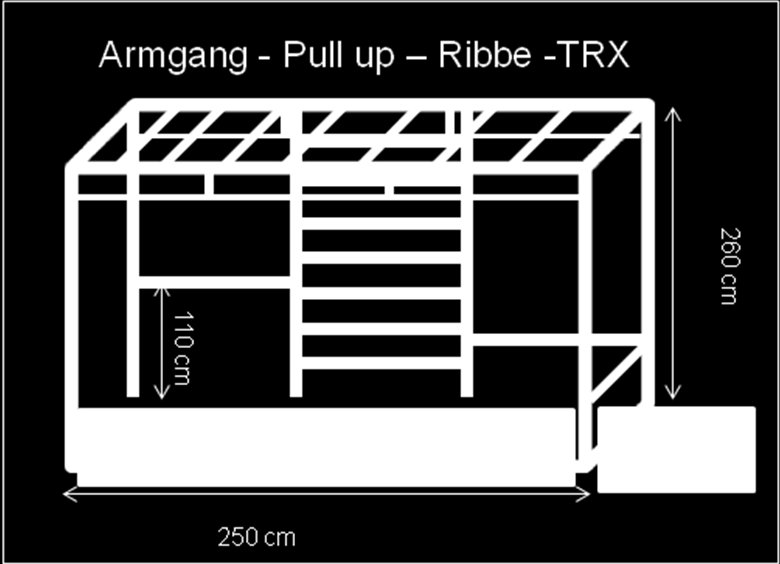 Crossfitmiljøet Armgang - Pull up - Ribbe - TRX Dette stativ i varmgalvaniserede stålrør er fint til mindst 4 træningsaktiviteter: Armgang på langs i stativet - pull up, hvor man løfter egen