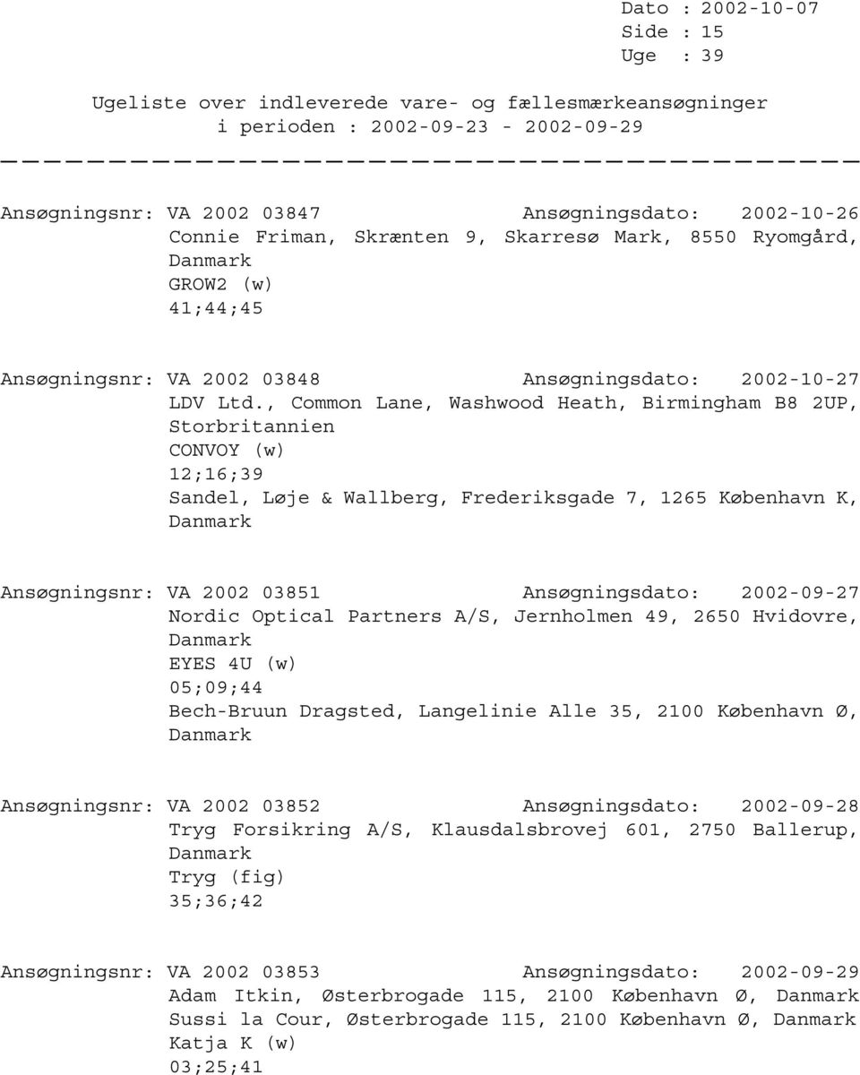 2002-09-27 Nordic Optical Partners A/S, Jernholmen 49, 2650 Hvidovre, EYES 4U (w) 05;09;44 Bech-Bruun Dragsted, Langelinie Alle 35, 2100 København Ø, Ansøgningsnr: VA 2002 03852 Ansøgningsdato: