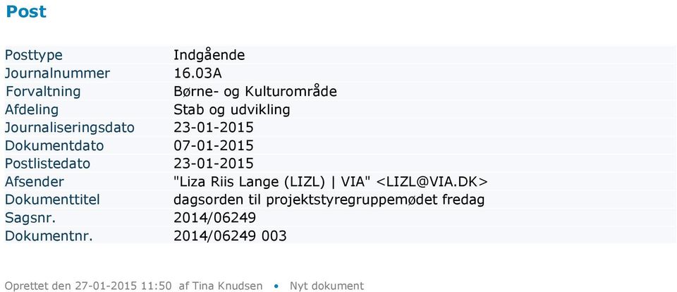 Dokumentdato 07-01-2015 "Liza Riis Lange (LIZL) VIA"