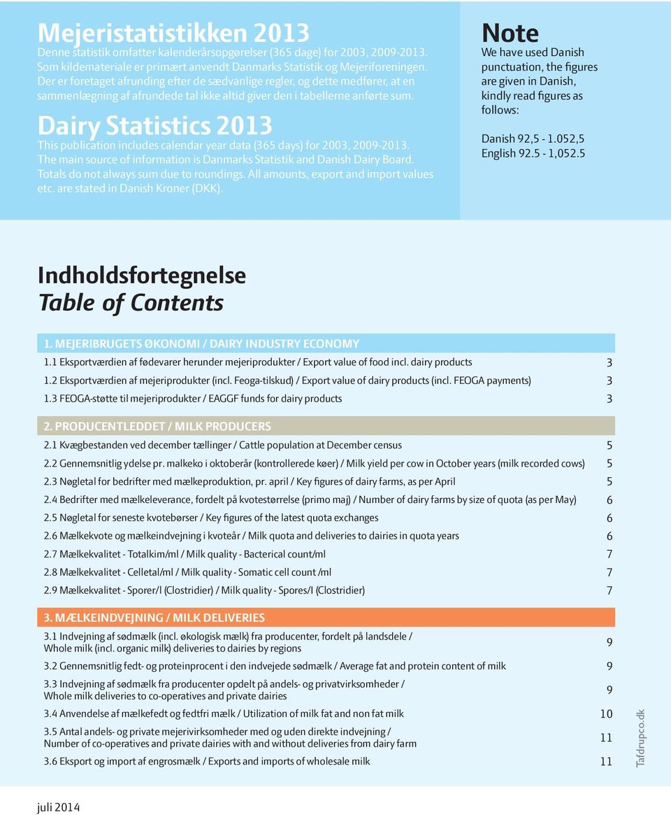 Dairy Statistics 2013 This publication includes calendar year data (365 days) for 2003, 2009-2013. The main source of information is Danmarks Statistik and Danish Dairy Board.