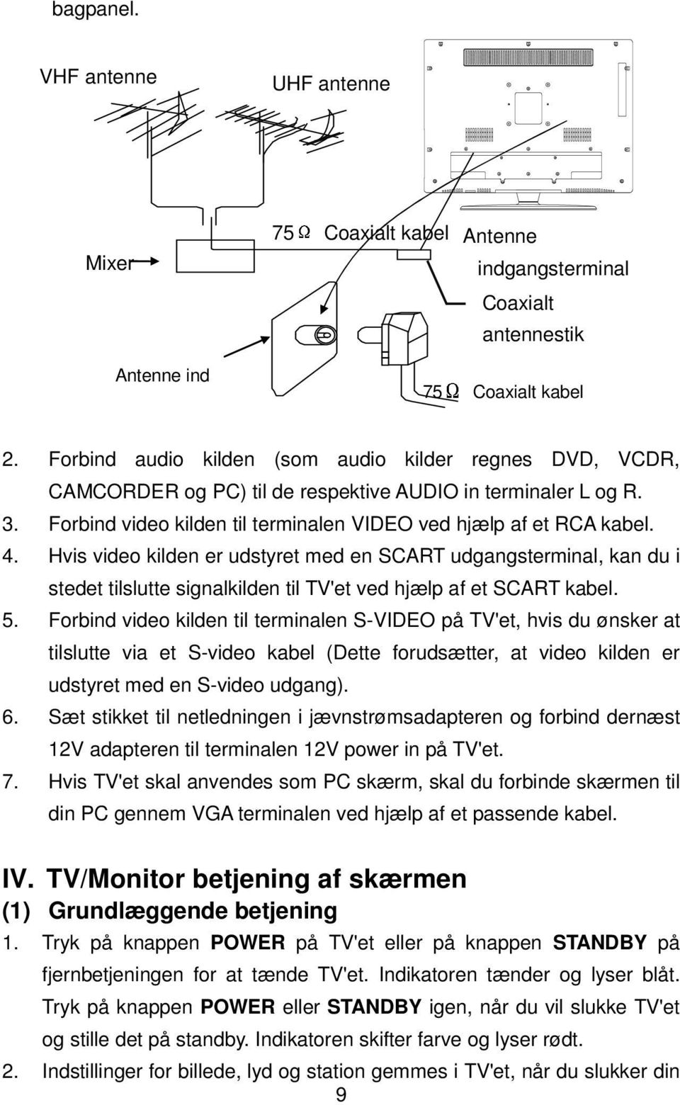 Hvis video kilden er udstyret med en SCART udgangsterminal, kan du i stedet tilslutte signalkilden til TV'et ved hjælp af et SCART kabel. 5.