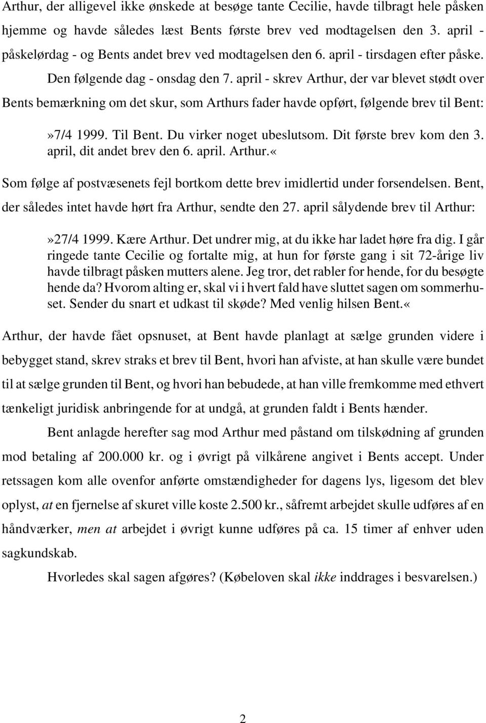 april - skrev Arthur, der var blevet stødt over Bents bemærkning om det skur, som Arthurs fader havde opført, følgende brev til Bent:»7/4 1999. Til Bent. Du virker noget ubeslutsom.
