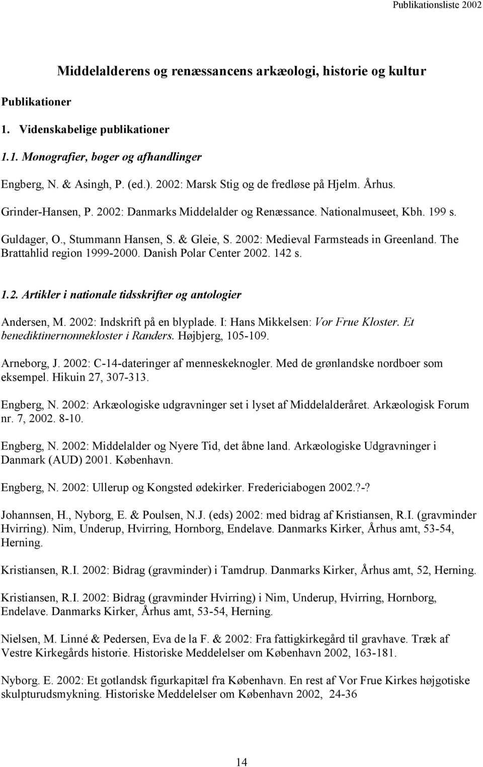 2002: Medieval Farmsteads in Greenland. The Brattahlid region 1999-2000. Danish Polar Center 2002. 142 s. 1.2. Artikler i nationale tidsskrifter og antologier Andersen, M.