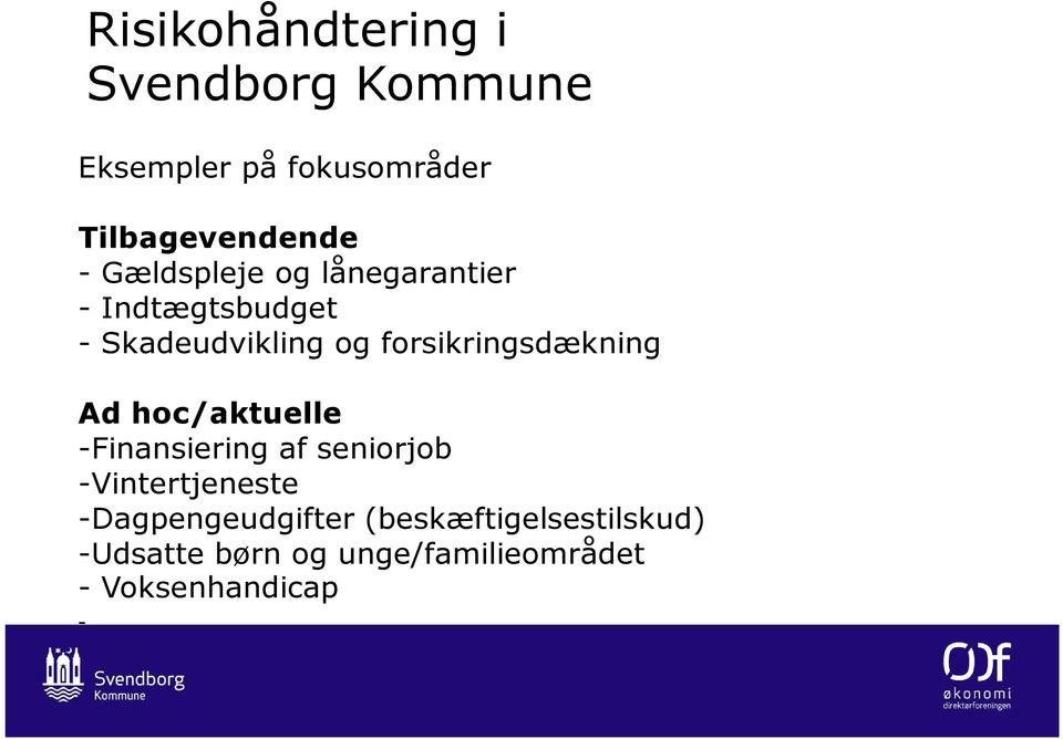 forsikringsdækning Ad hoc/aktuelle -Finansiering af seniorjob -Vintertjeneste