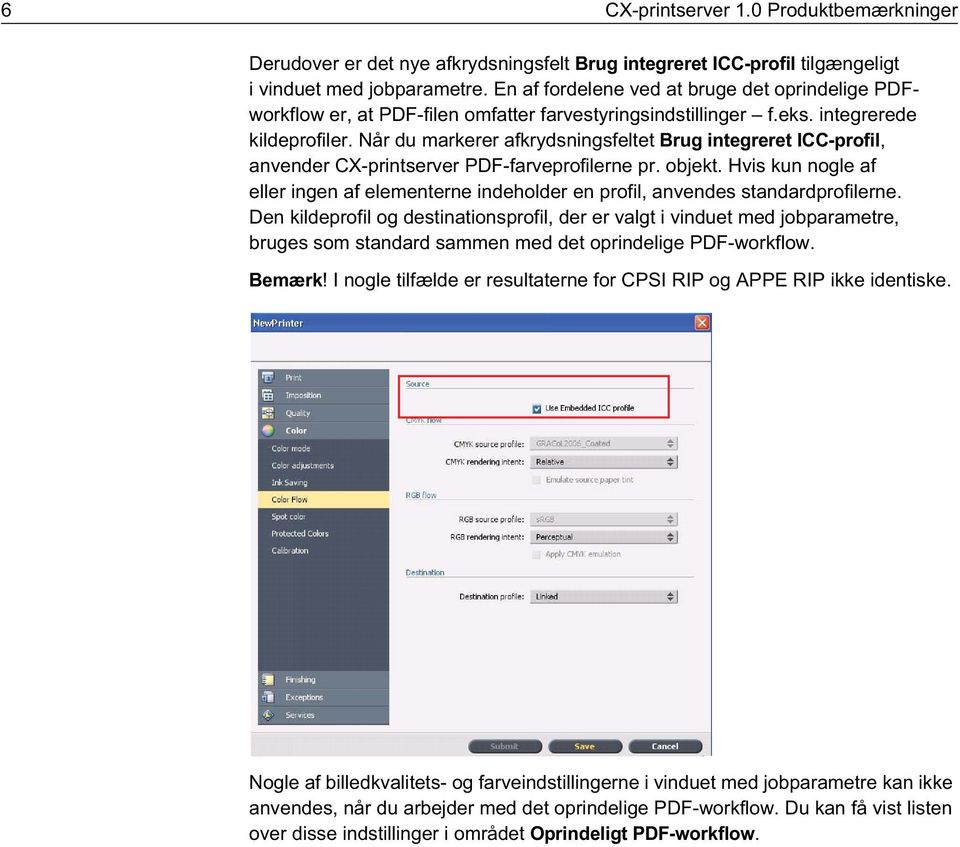 Når du markerer afkrydsningsfeltet Brug integreret ICC-profil, anvender CX-printserver PDF-farveprofilerne pr. objekt.