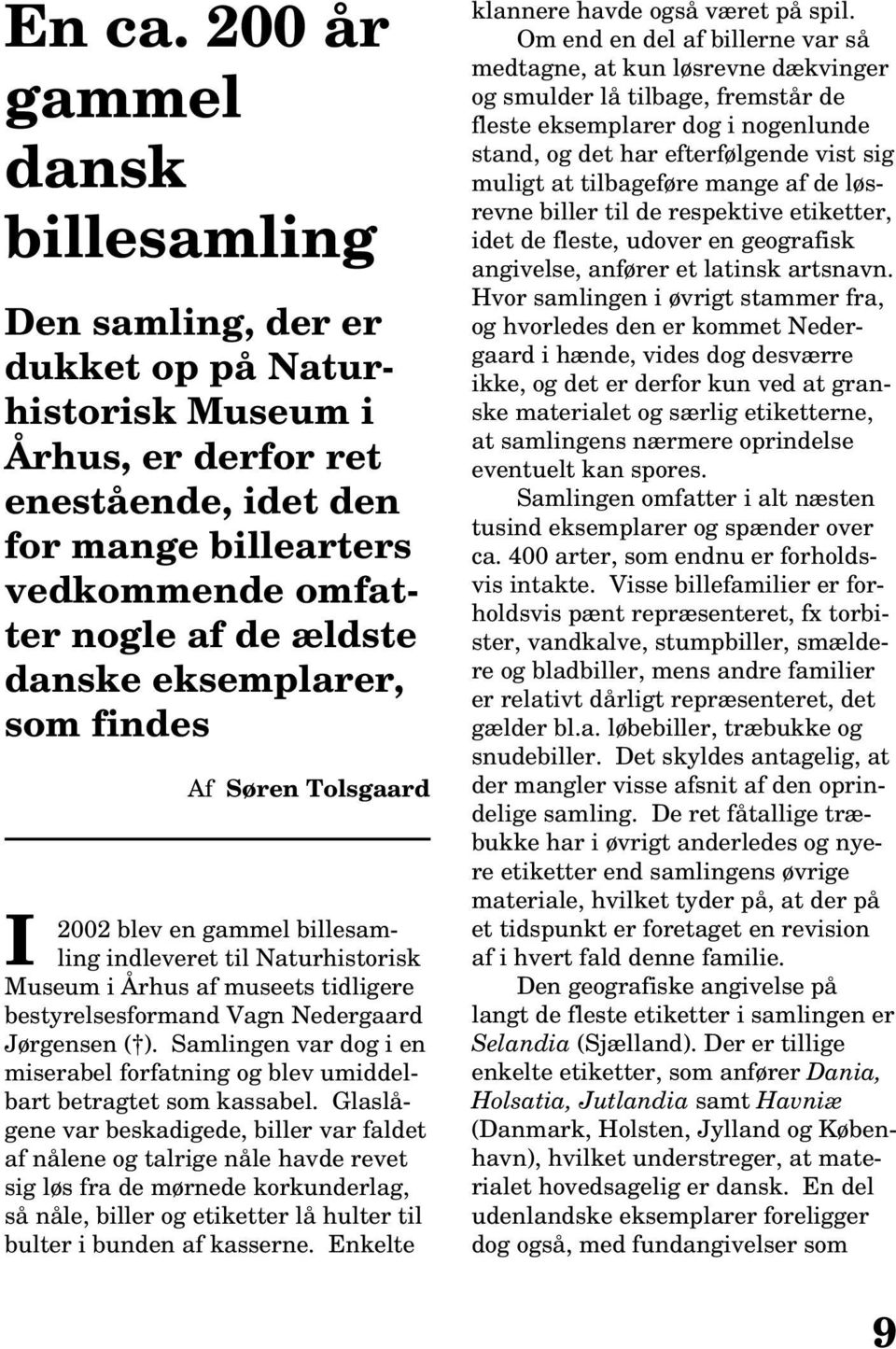 danske eksemplarer, som findes I Af Søren Tolsgaard 2002 blev en gammel billesamling indleveret til Naturhistorisk Museum i Århus af museets tidligere bestyrelsesformand Vagn Nedergaard Jørgensen ( ).