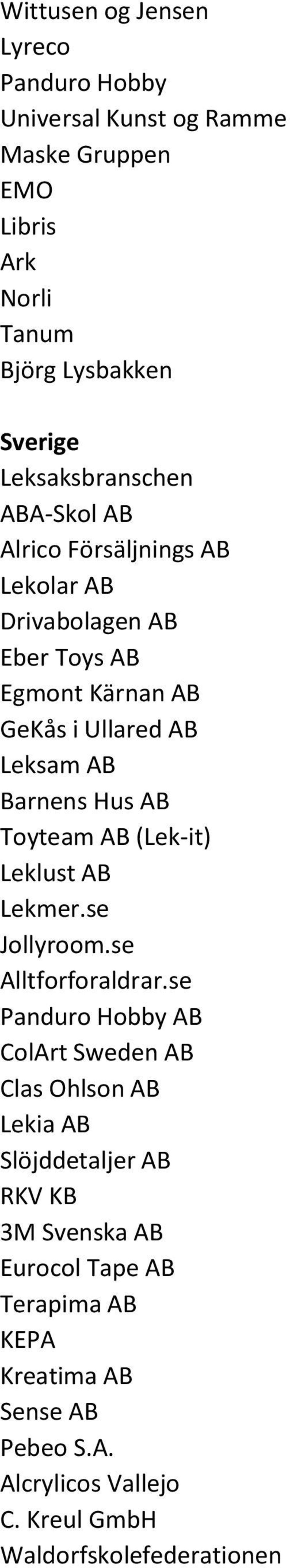 Barnens Hus AB Toyteam AB (Lek-it) Leklust AB Lekmer.se Jollyroom.se Alltforforaldrar.