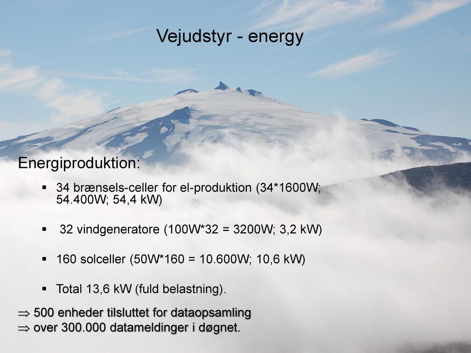400W; 54,4 kw) 32 vindgeneratore (100W*32 = 3200W; 3,2 kw) 160 solceller
