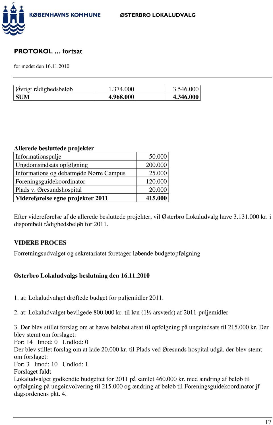 000 Efter videreførelse af de allerede besluttede projekter, vil Østerbro Lokaludvalg have 3.131.000 kr. i disponibelt rådighedsbeløb for 2011.