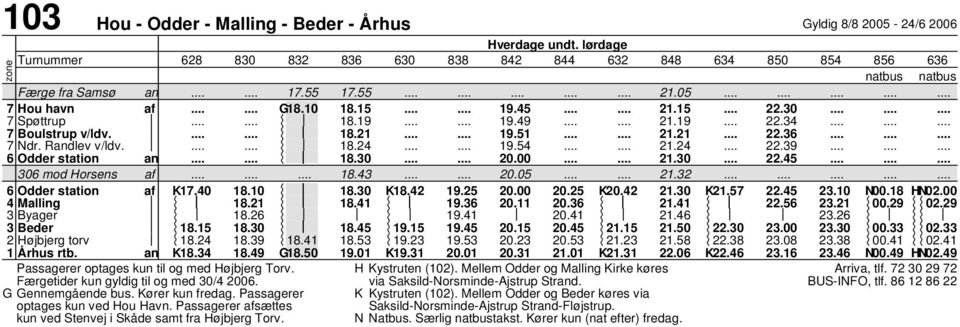 50 Passagerer optages kun til og me Højbjerg Torv. Færgetier kun gylig til og me 30/4 2006. G Gennemgåene bus. Kører kun freag. Passagerer optages kun ve Hou Havn.
