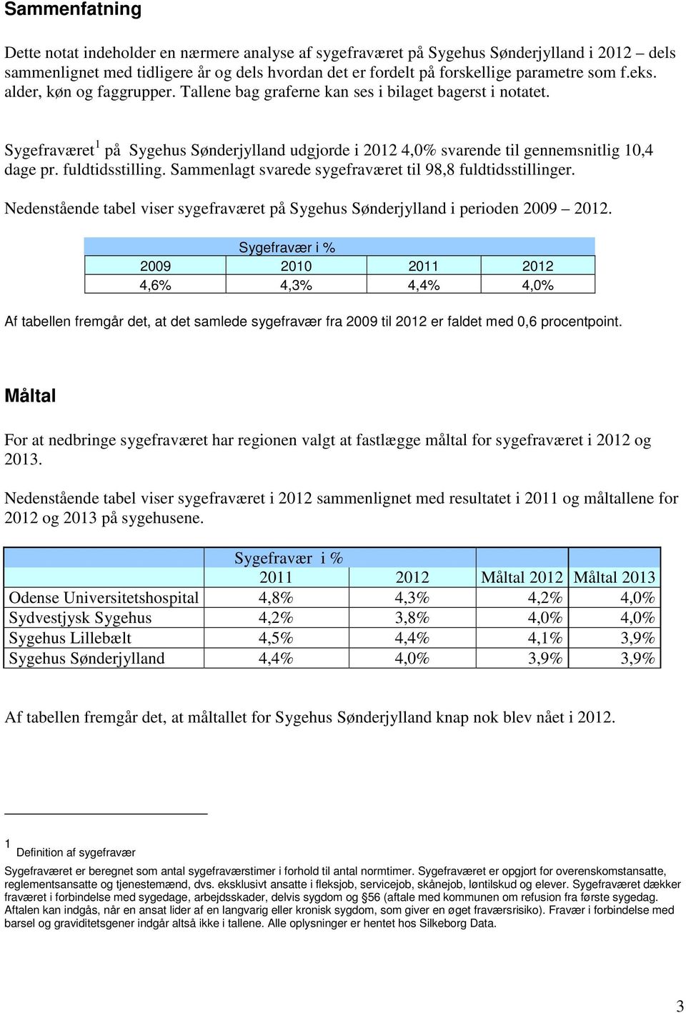fuldtidsstilling. Sammenlagt svarede sygefraværet til 98,8 fuldtidsstillinger. Nedenstående tabel viser sygefraværet på Sygehus Sønderjylland i perioden 2009 2012.