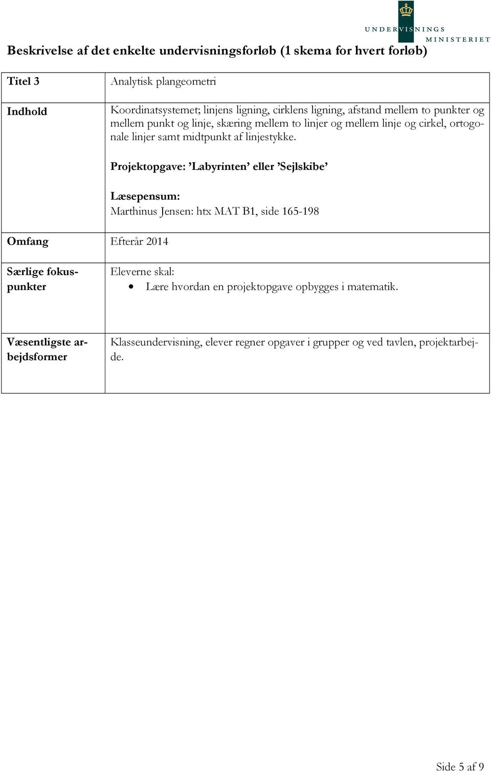 Omfang Efterår 2014 Projektopgave: Labyrinten eller Sejlskibe Marthinus Jensen: htx MAT B1, side 165-198 Lære hvordan en