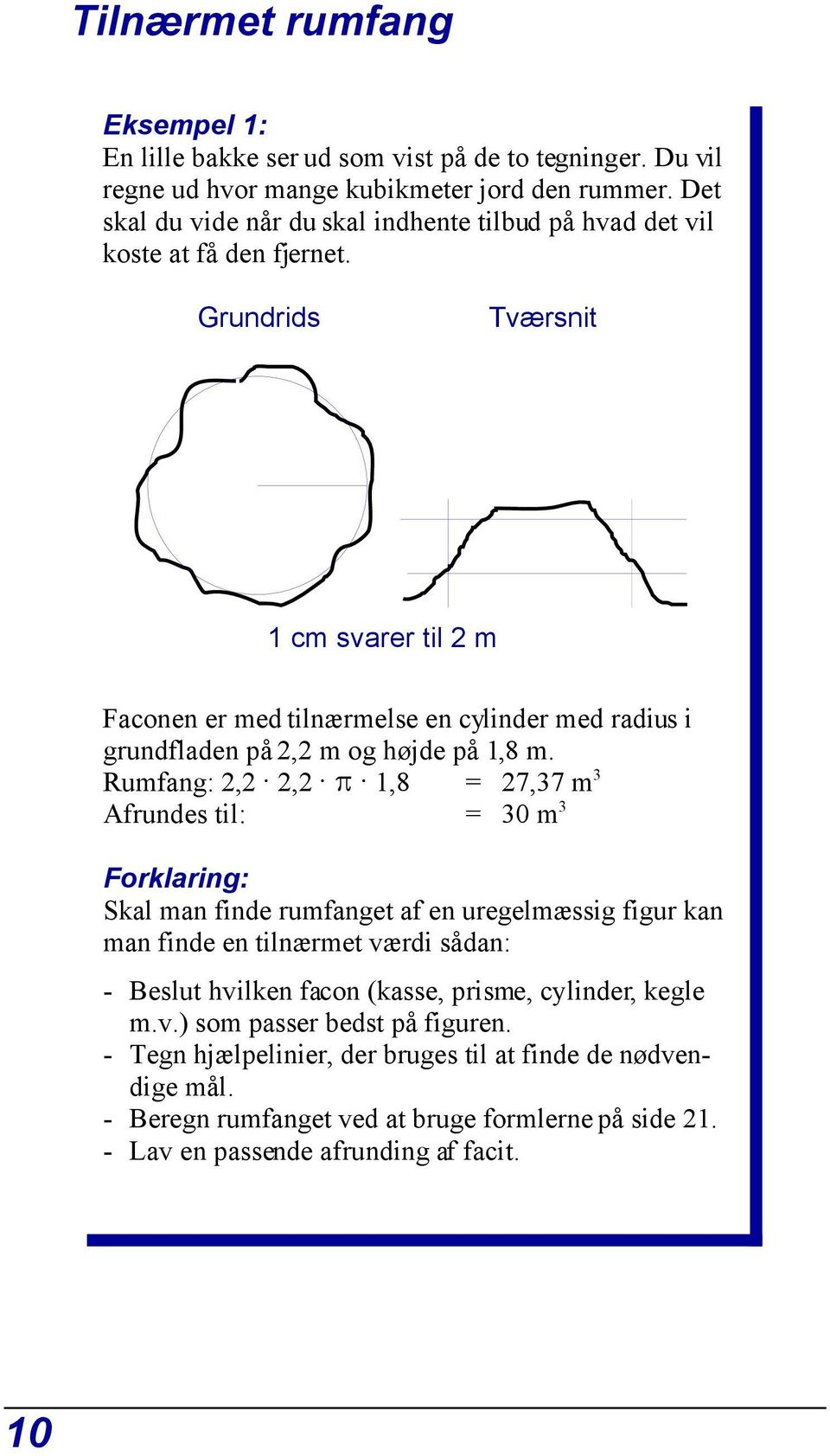 Grundrids Tværsnit 1 cm svarer til 2 m Faconen er med tilnærmelse en cylinder med radius i grundfladen på 2,2 m og højde på 1,8 m.
