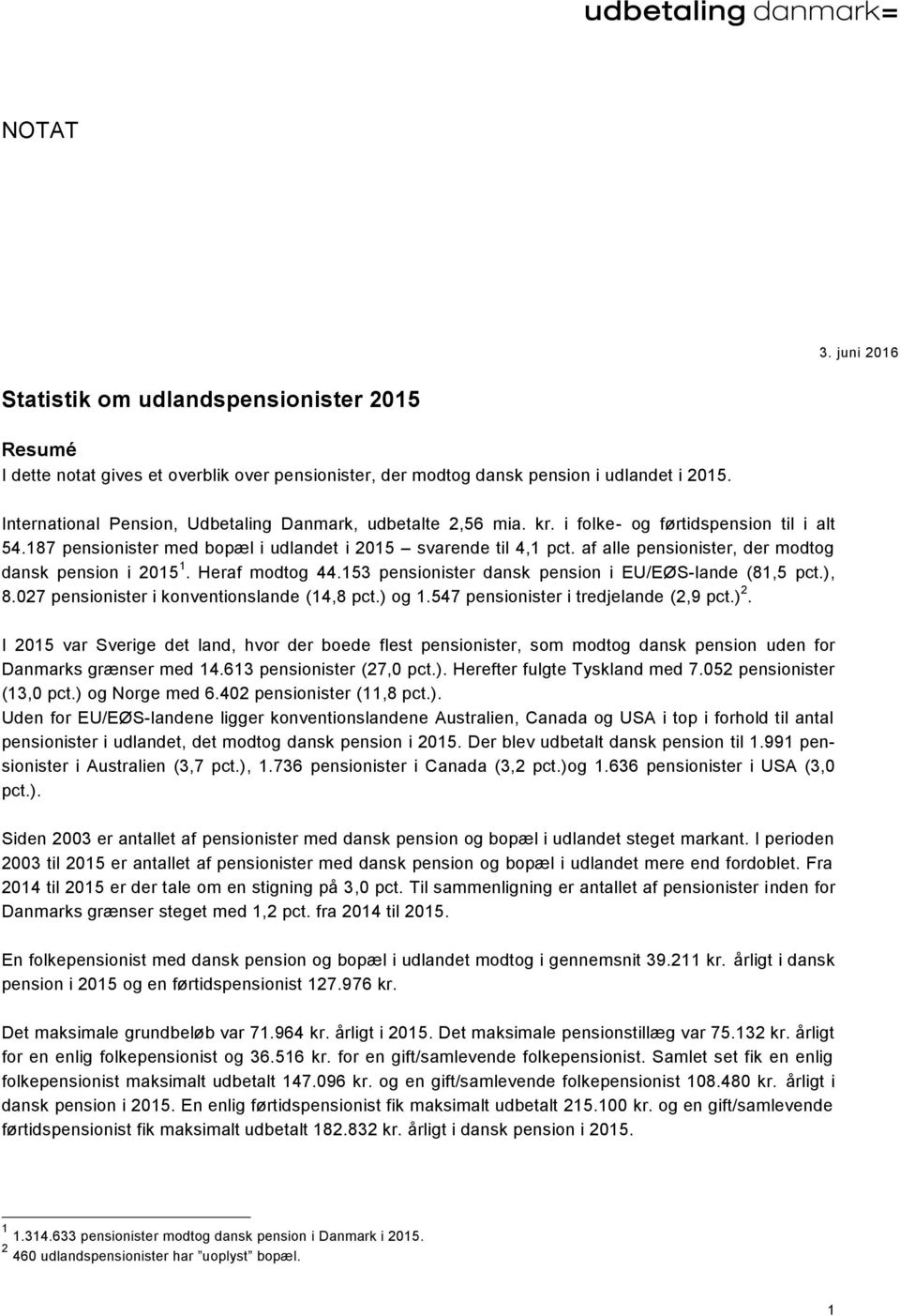 af alle pensionister, der modtog dansk pension i 2015 1. Heraf modtog 44.153 pensionister dansk pension i EU/EØS-lande (81,5 pct.), 8.027 pensionister i konventionslande (14,8 pct.) og 1.