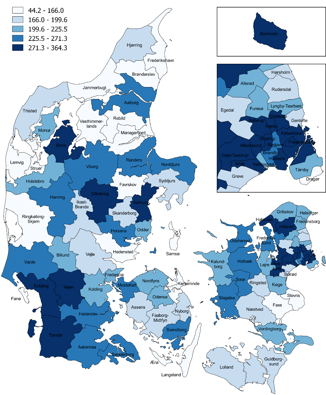 Aktiviteten i psykiatrien er størst i hovedstadsområdet, Sønderjylland og enkelte kommuner i Midtjylland jf. figur 5.