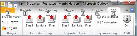 ) Overførsel af filer fra Outlook til C&B systemet De røde pile er nu aktive og du har mulighed for at overføre e-mails og vedhæftede filer direkte til C&B sagen i filmappen.