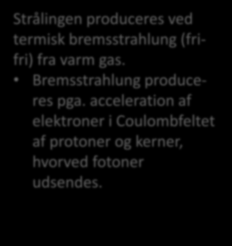 Strålingsmekanisme Strålingen produceres ved termisk bremsstrahlung (frifri) fra varm gas.