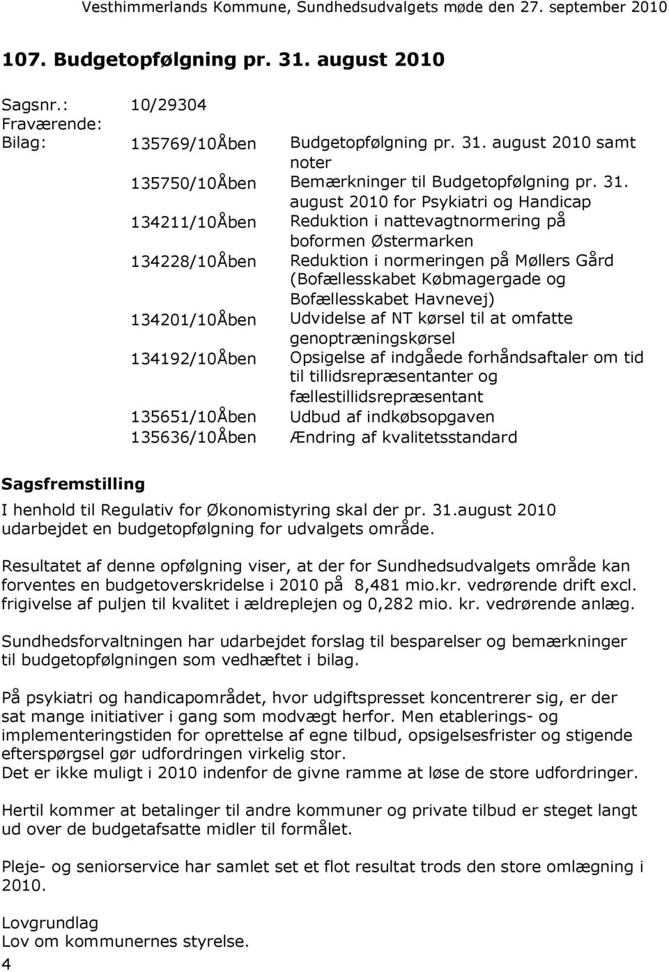 august 2010 samt noter 135750/10Åben Bemærkninger til Budgetopfølgning pr. 31.