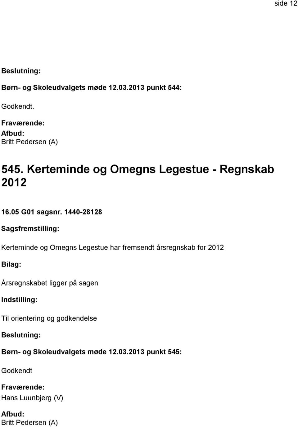1440-28128 Kerteminde og Omegns Legestue har fremsendt årsregnskab for 2012