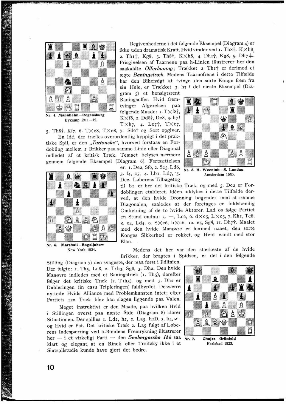 Temaet belyses nærmere gennem følgende Eksempel (Diagram 6). Fortsættelsen er: 1. De2, Sf6, 2. Se5, Ld6, 3. f4, es, 4. Lin, Ld7, 5. DC2. Løberens Tilbagetog Nr. 6. Marshall -Bogoljubow New York 1924.