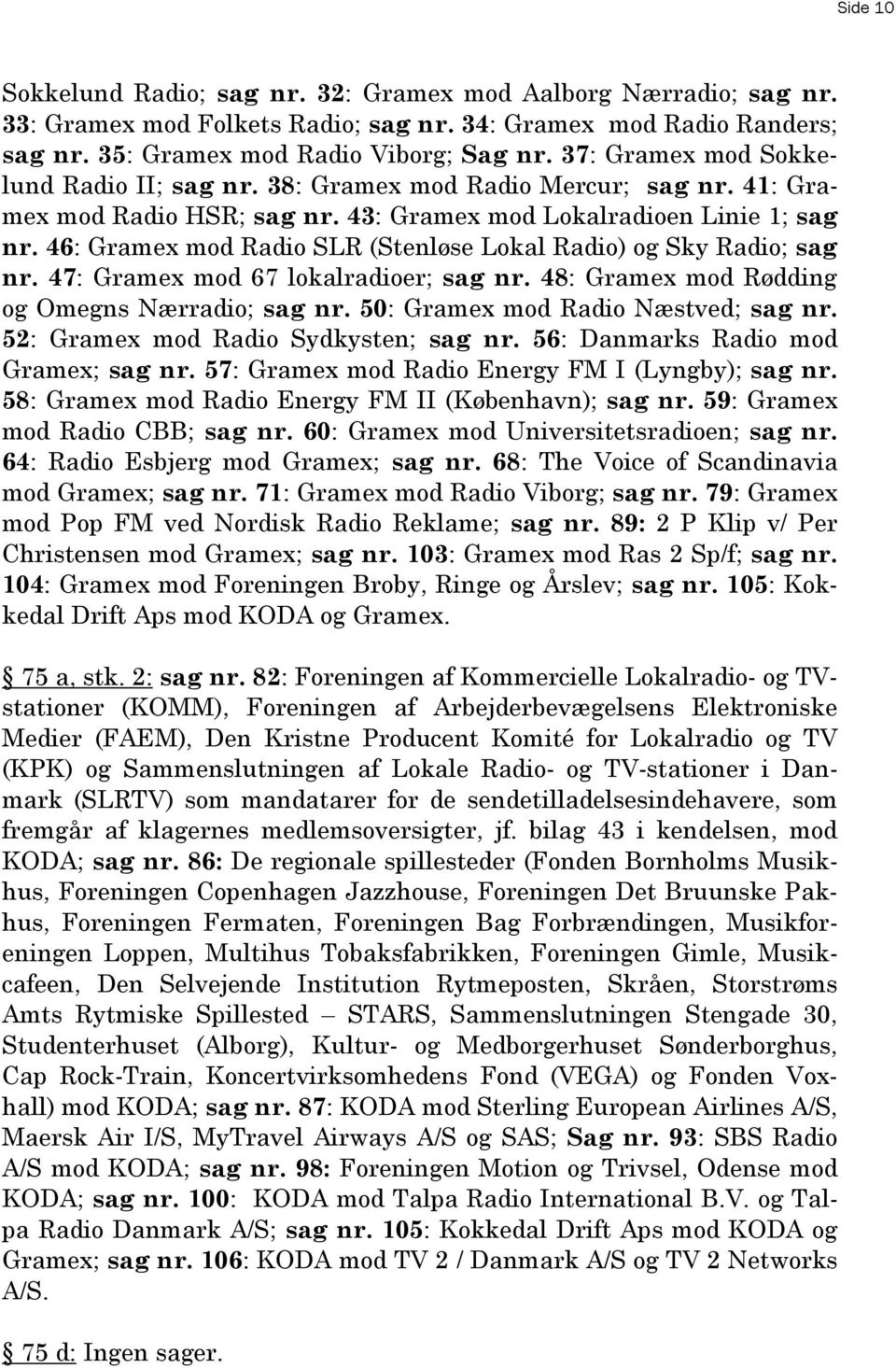 46: Gramex mod Radio SLR (Stenløse Lokal Radio) og Sky Radio; sag nr. 47: Gramex mod 67 lokalradioer; sag nr. 48: Gramex mod Rødding og Omegns Nærradio; sag nr. 50: Gramex mod Radio Næstved; sag nr.