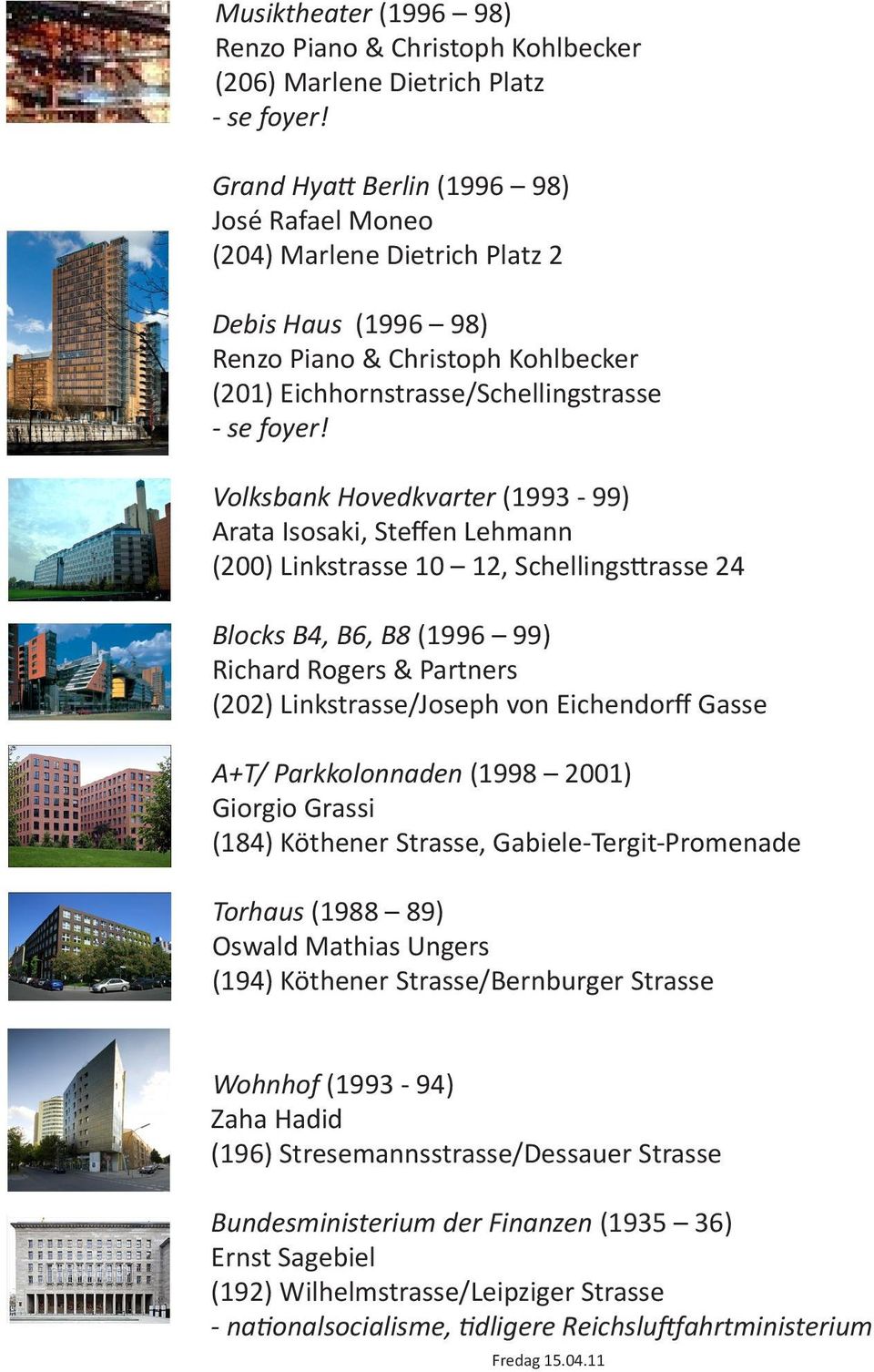 Volksbank Hovedkvarter (1993-99) Arata Isosaki, Steffen Lehmann (200) Linkstrasse 10 12, Schellingsttrasse 24 Blocks B4, B6, B8 (1996 99) Richard Rogers & Partners (202) Linkstrasse/Joseph von