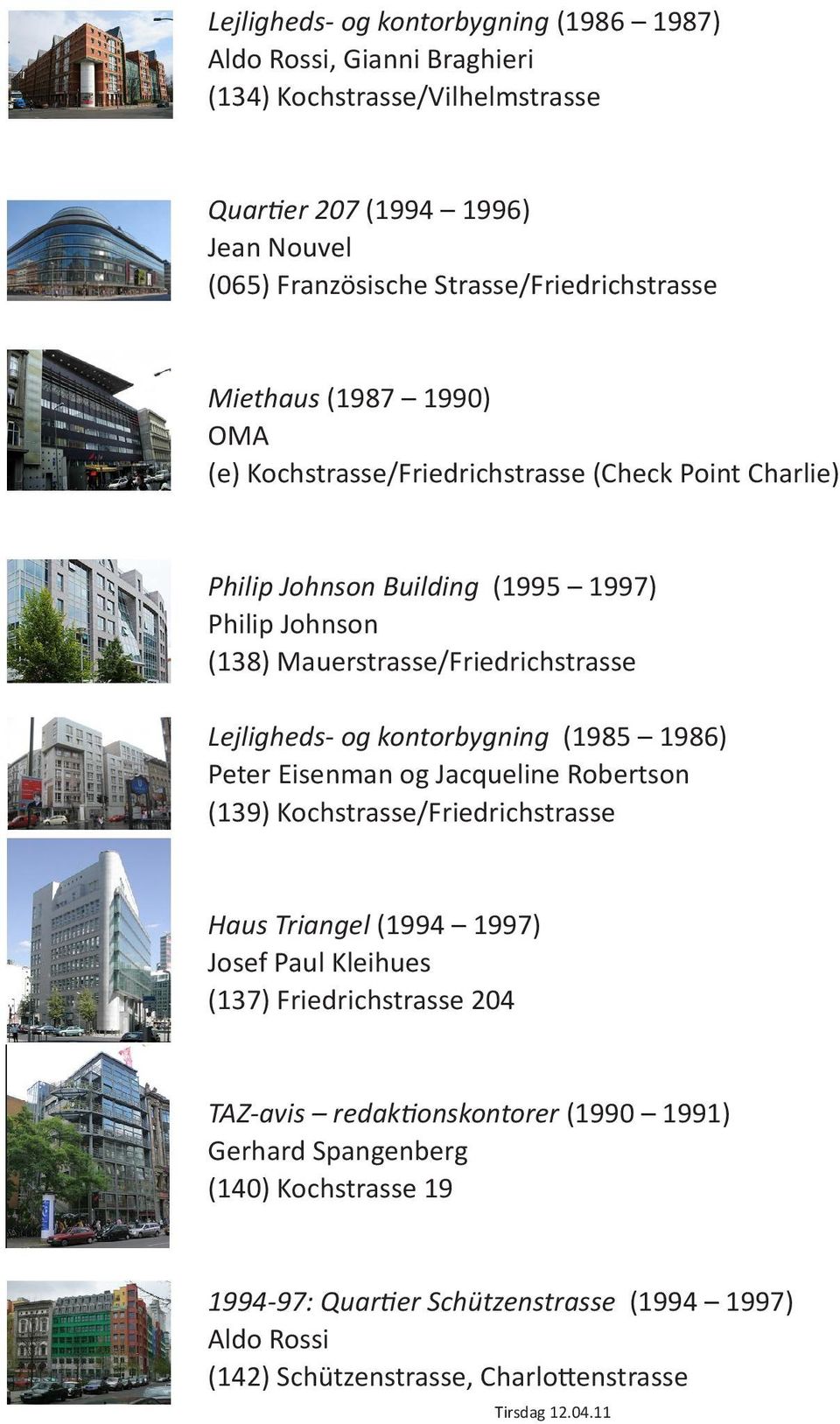 kontorbygning (1985 1986) Peter Eisenman og Jacqueline Robertson (139) Kochstrasse/Friedrichstrasse Haus Triangel (1994 1997) Josef Paul Kleihues (137) Friedrichstrasse 204 TAZ-avis