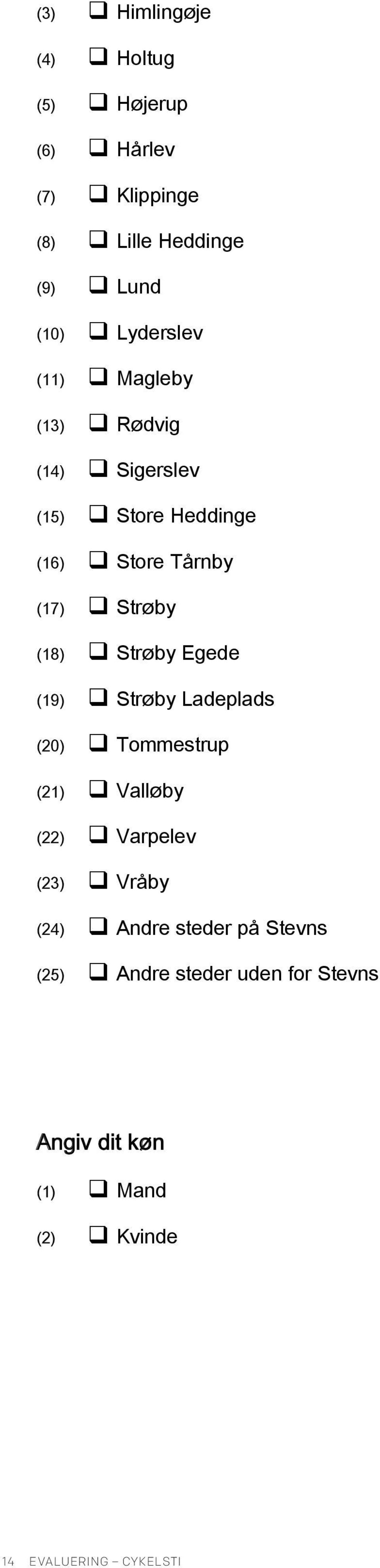 (18) Strøby Egede (19) Strøby Ladeplads (20) Tommestrup (21) Valløby (22) Varpelev (23) Vråby (24)