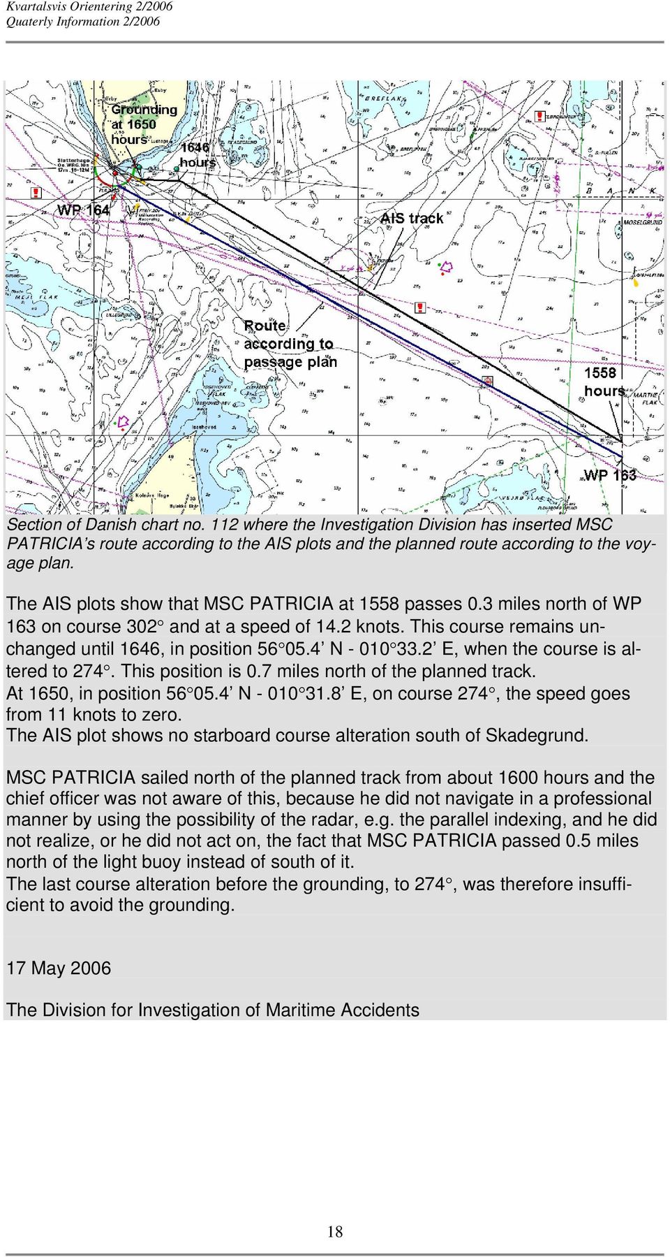 2 E, when the course is altered to 274. This position is 0.7 miles north of the planned track. At 1650, in position 56 05.4 N - 010 31.8 E, on course 274, the speed goes from 11 knots to zero.