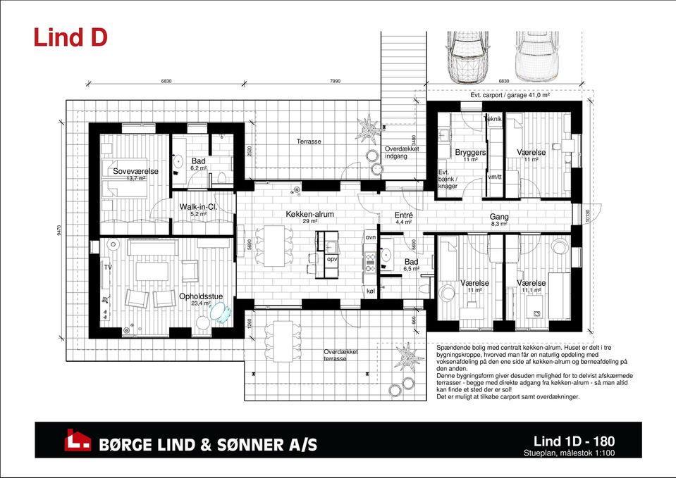 bænk / knager Bryggers 11 m² Værelse 11 m² vm/tt Gang 8,3 m² Værelse 11 m² Værelse 11,1 m² 10130 Overdækket terrasse Spændende bolig med centralt køkken-alrum.