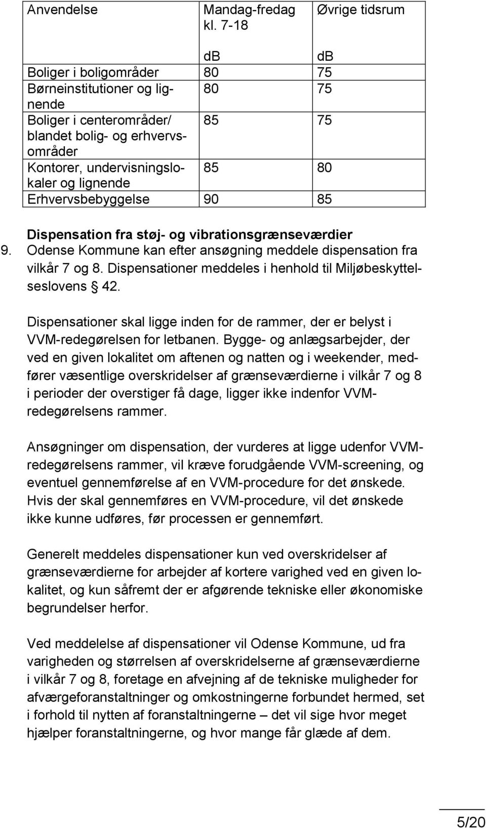 lignende Erhvervsbebyggelse 90 85 Dispensation fra støj- og vibrationsgrænseværdier 9. Odense Kommune kan efter ansøgning meddele dispensation fra vilkår 7 og 8.