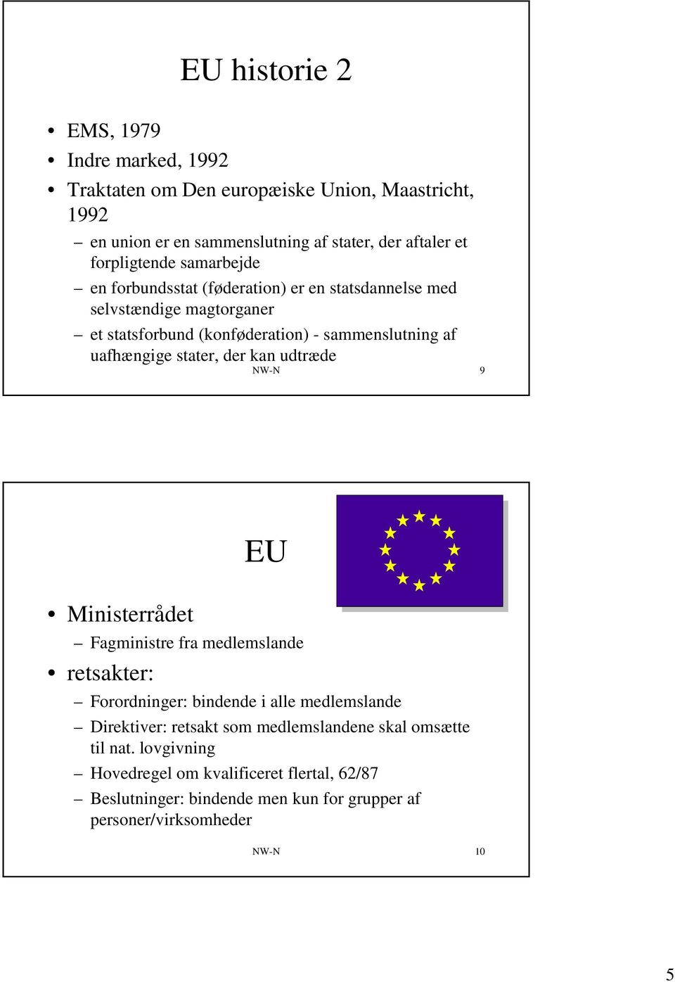 uafhængige stater, der kan udtræde NW-N 9 EU Ministerrådet Fagministre fra medlemslande retsakter: Forordninger: bindende i alle medlemslande Direktiver:
