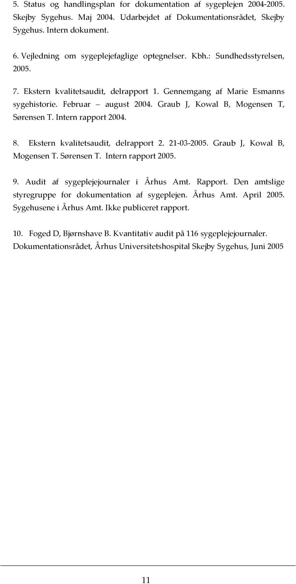 Graub J, Kowal B, Mogensen T, Sørensen T. Intern rapport 2004. 8. Ekstern kvalitetsaudit, delrapport 2. 21-03-2005. Graub J, Kowal B, Mogensen T. Sørensen T. Intern rapport 2005. 9.