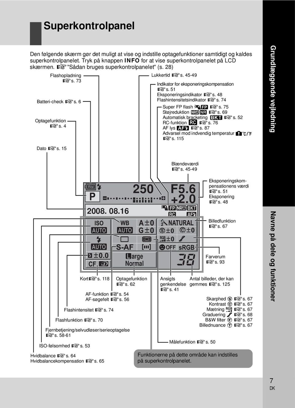 48 Flashintensitetsindikator gs. 74 Super FP flash 1 gs. 75 Støjreduktion mo gs. 69 Automatisk bracketing 0 gs. 52 RC-funktion m gs. 76 AF lys T gs. 87 Advarsel mod indvendig temperatur m gs.