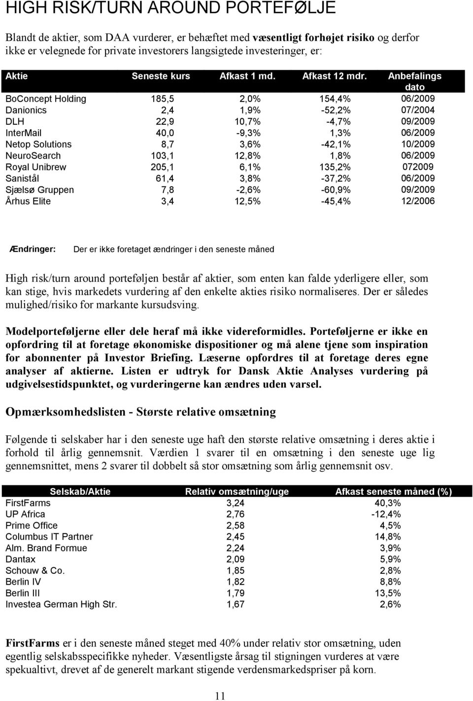 Anbefalings dato BoConcept Holding 185,5 2, 154,4% 06/2009 Danionics 2,4 1,9% 52,2% 07/2004 DLH 22,9 10,7% 4,7% 09/2009 InterMail 40,0 9,3% 1,3% 06/2009 Netop Solutions 8,7 3,6% 42,1% 10/2009