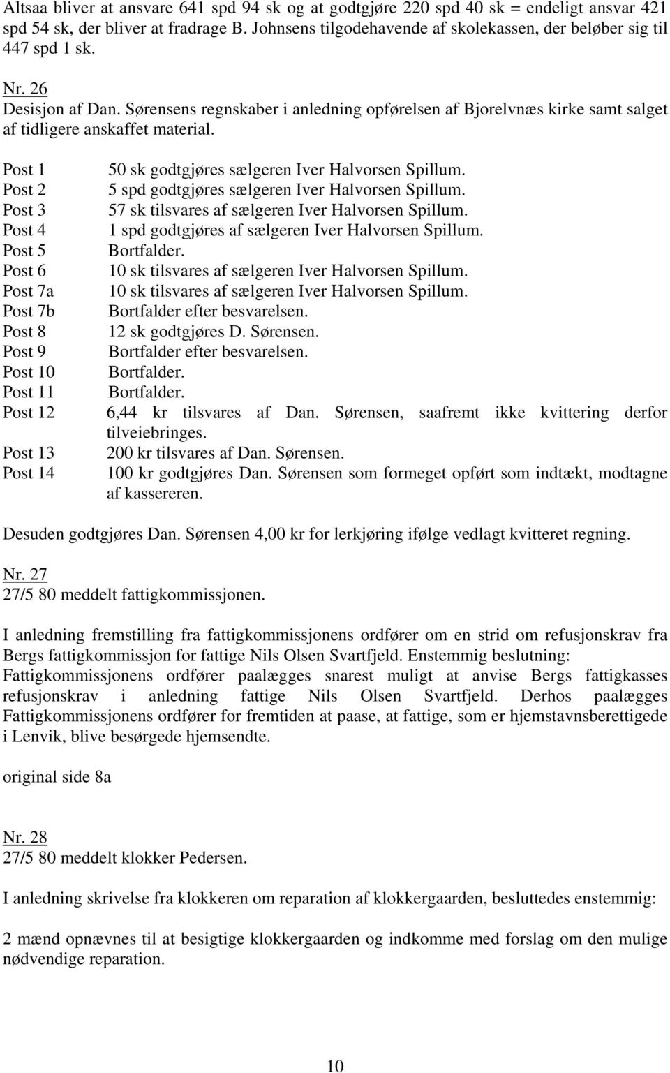 Sørensens regnskaber i anledning opførelsen af Bjorelvnæs kirke samt salget af tidligere anskaffet material.