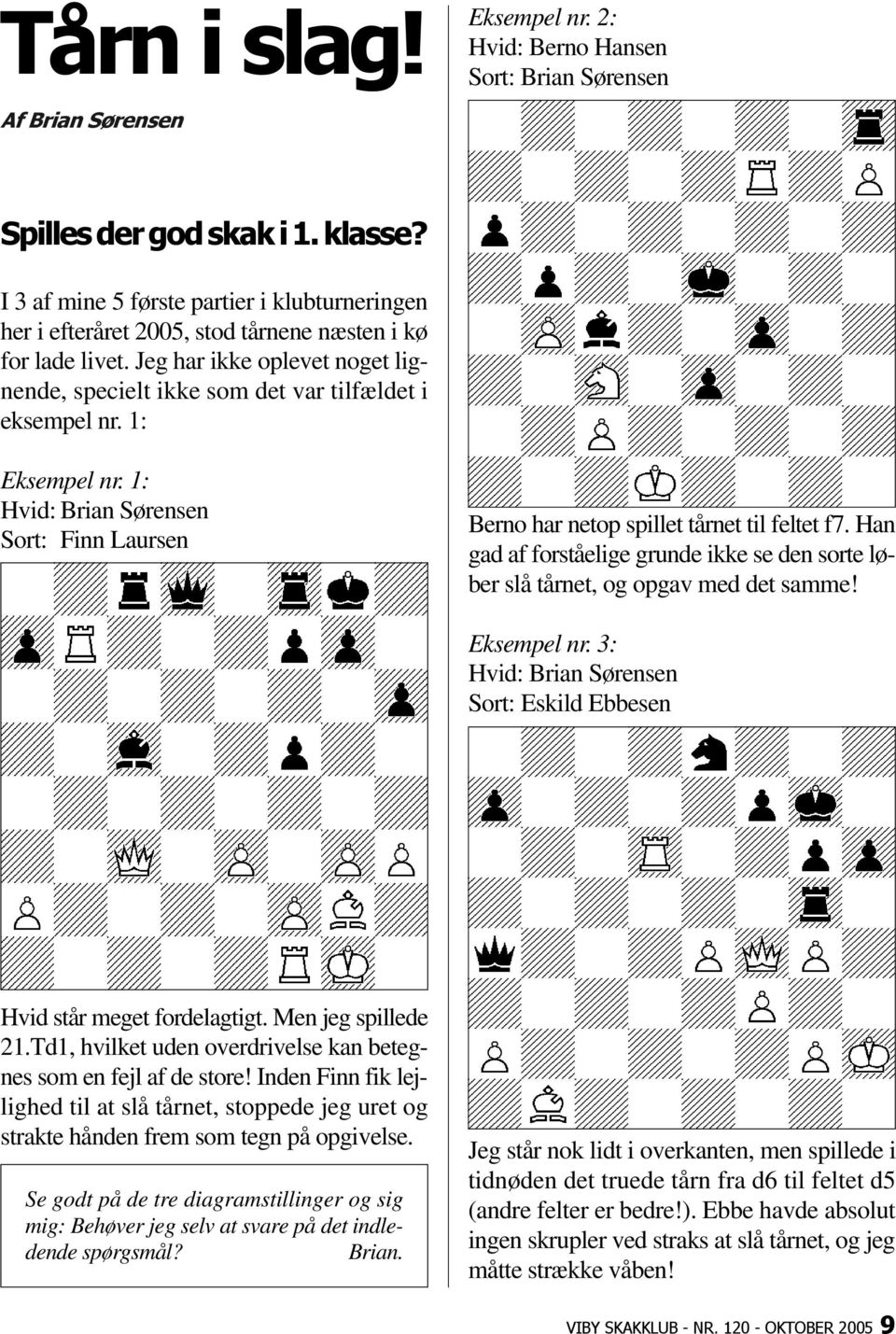 1: Eksempel nr. 1: Hvid: Brian Sørensen Sort: Finn Laursen Berno har netop spillet tårnet til feltet f7. Han gad af forståelige grunde ikke se den sorte løber slå tårnet, og opgav med det samme!