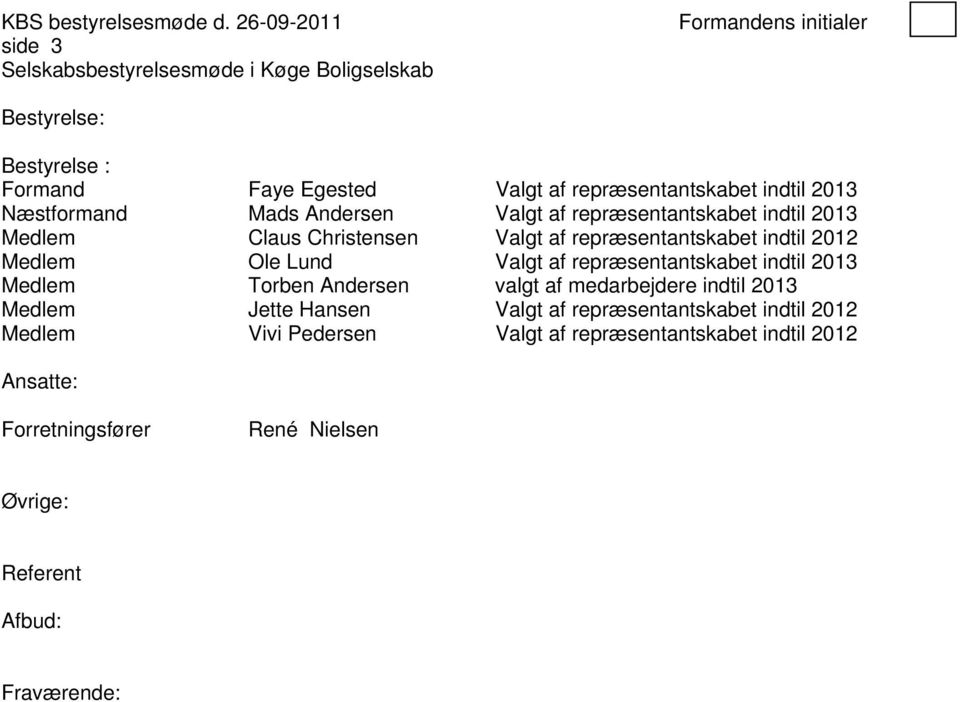 Lund Valgt af repræsentantskabet indtil 2013 Medlem Torben Andersen valgt af medarbejdere indtil 2013 Medlem Jette Hansen Valgt af