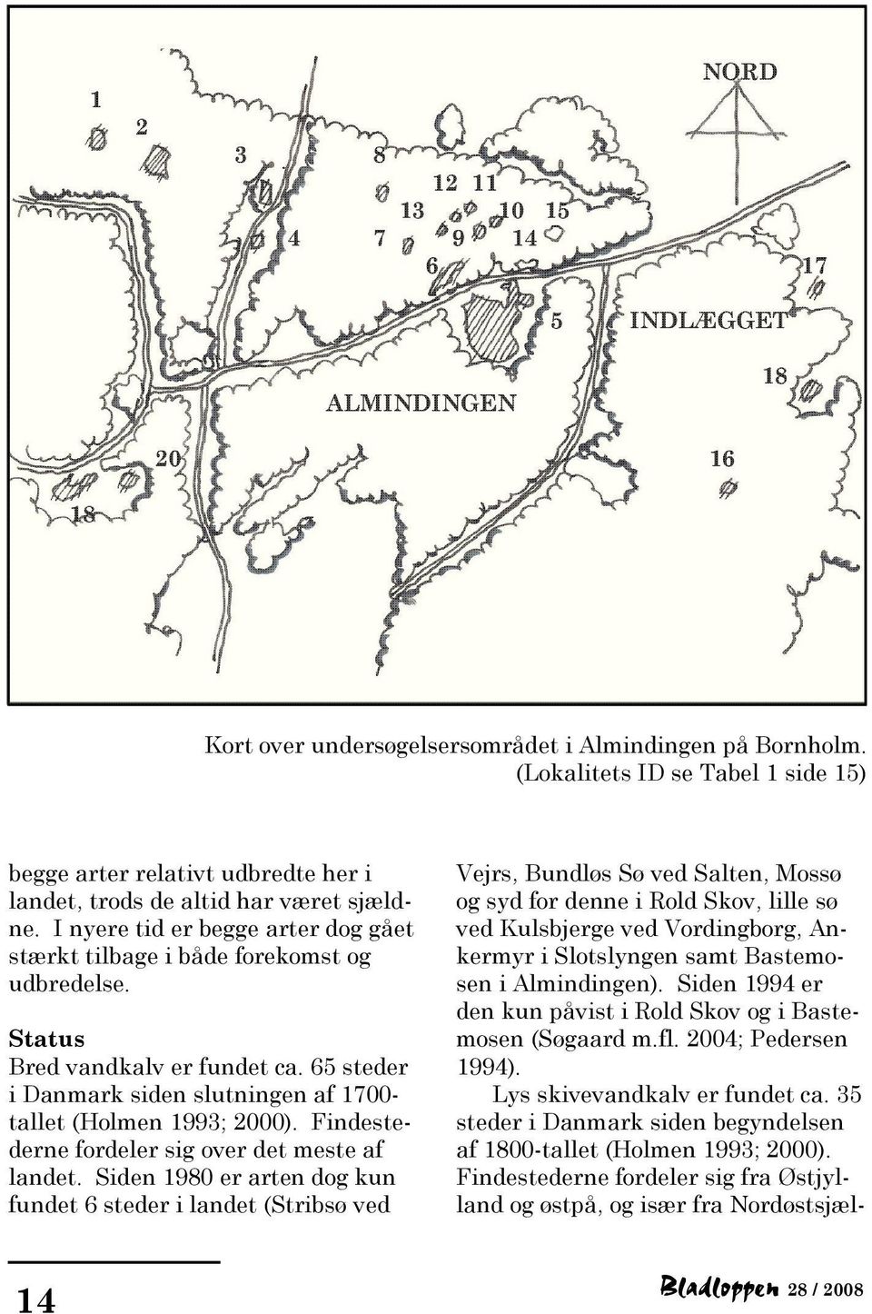 Status Bred vandkalv er fundet ca. 65 steder i Danmark siden slutningen af 1700- tallet (Holmen 1993; 2000). Findestederne fordeler sig over det meste af landet.