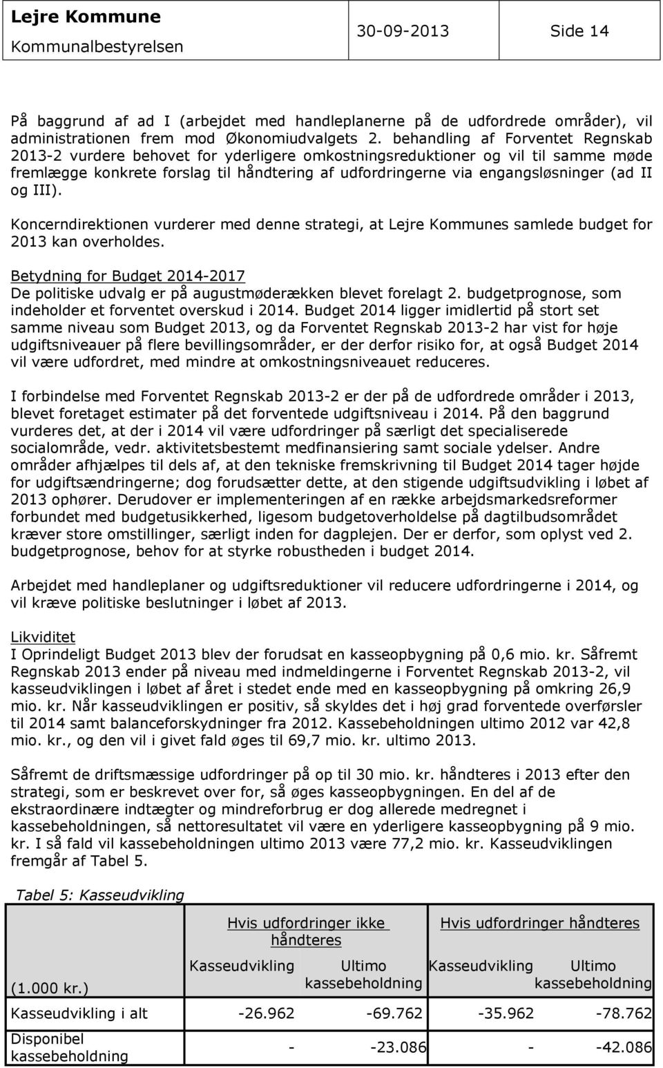 (ad II og III). Koncerndirektionen vurderer med denne strategi, at Lejre Kommunes samlede budget for 2013 kan overholdes.