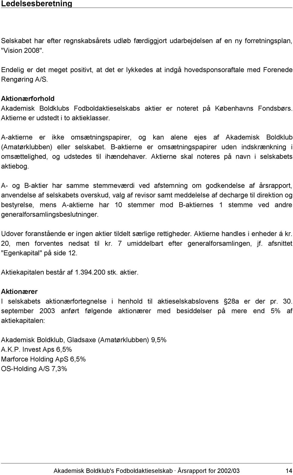 Aktionærforhold Akademisk Boldklubs Fodboldaktieselskabs aktier er noteret på Københavns Fondsbørs. Aktierne er udstedt i to aktieklasser.