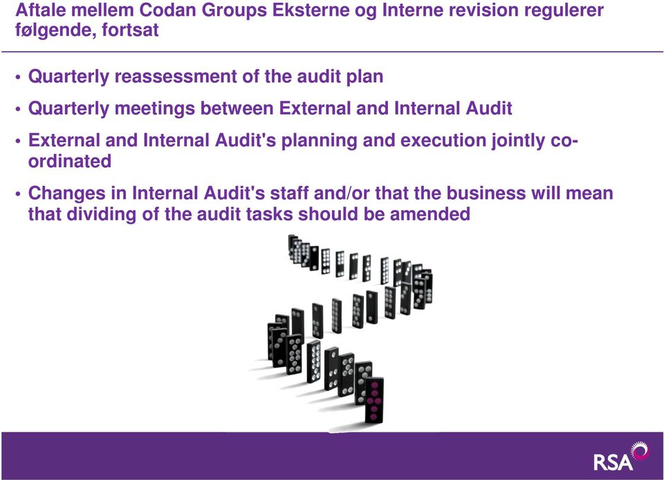 Audit External and Internal Audit's planning and execution jointly coordinated Changes in